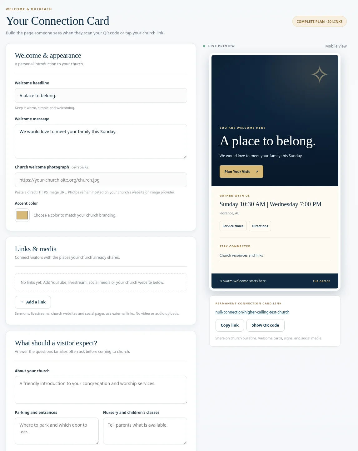 Real Office Connection Card editor with a mobile welcome-page preview in a demonstration church account