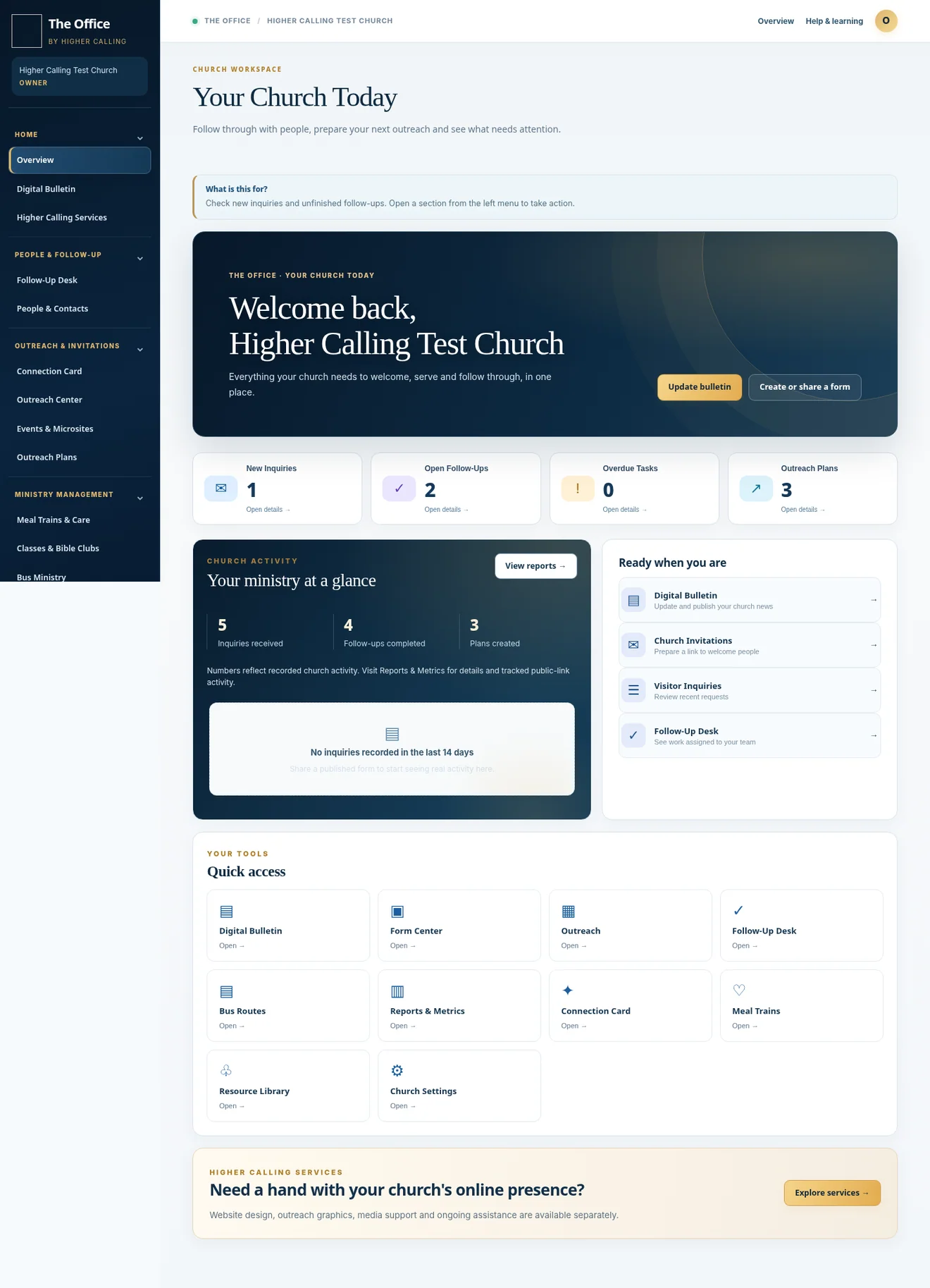 The Office church ministry management dashboard, demonstration workspace