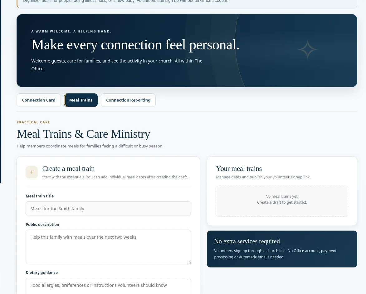 Actual Office Meal Trains & Care editor with meal schedule and organizer fields