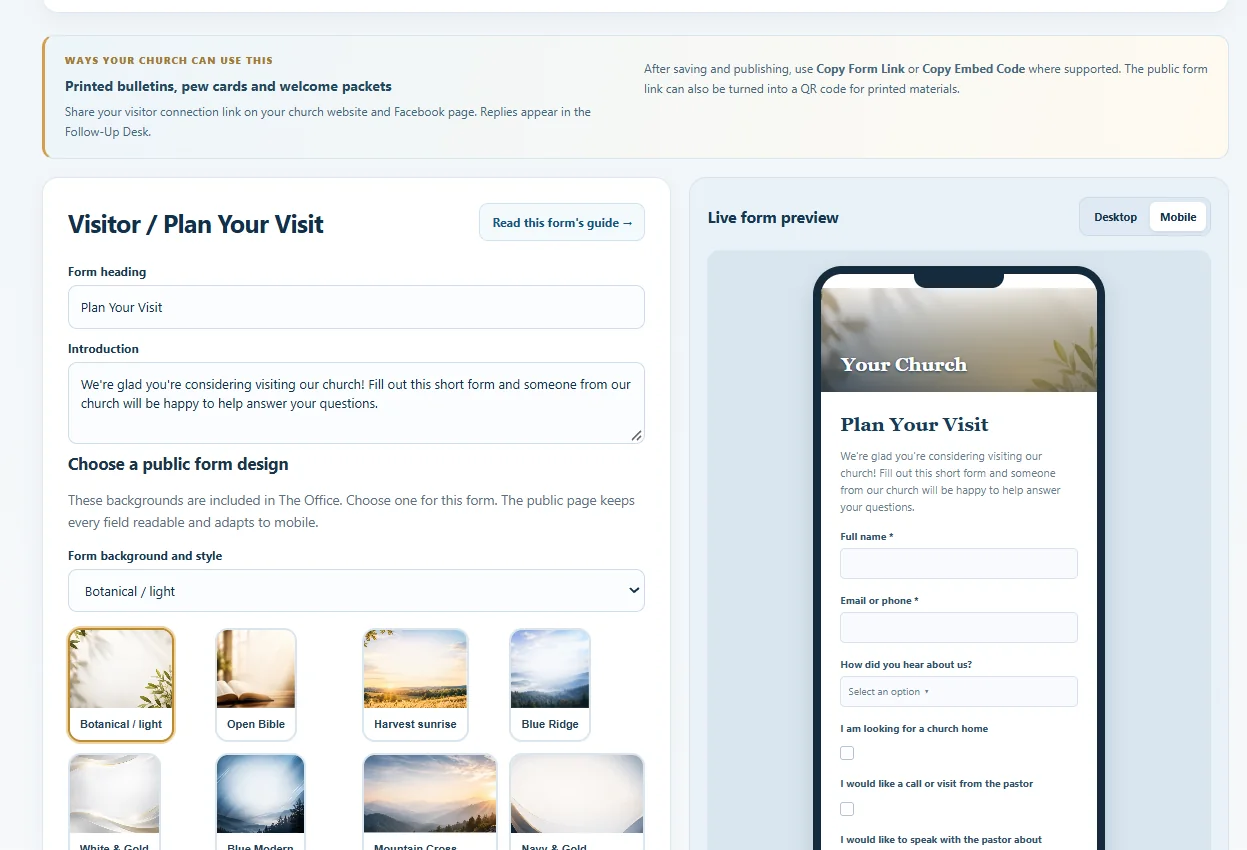 Actual Office form customization screen with live mobile preview and selected church background